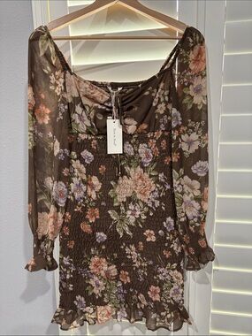 Floral Smocked Mini Dress - Brown Floral